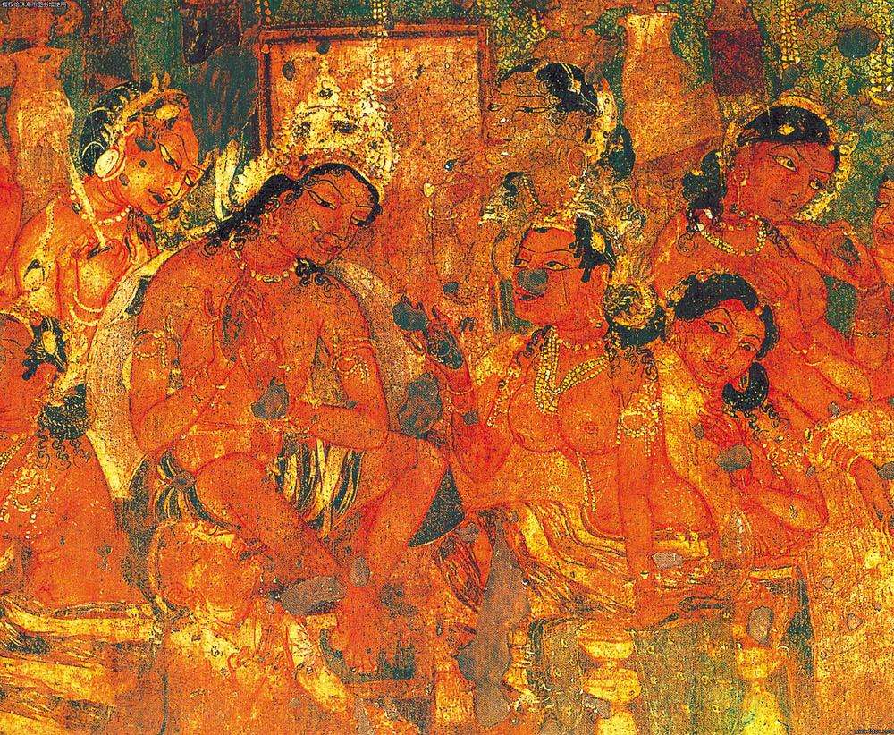 印度阿旃陀第一窟左廊壁画:国王与美妃宫女.