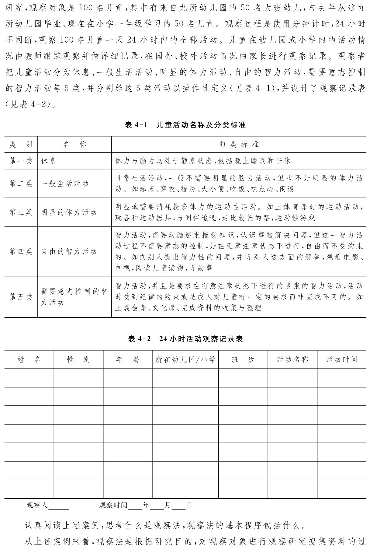 研究，观察对象是100名儿童，其中有来自九所幼儿园的50名大班幼儿，与去年从这九所幼儿园毕业、现在在小学一年级学习的50名儿童。观察过程是使用分钟计时，24小时不间断，观察100名儿童一天24小时内的全部活动。儿童在幼儿园或小学内的活动情况由教师跟踪观察并做详细记录，在园外、校外活动情况由家长进行观察记录。观察者把儿童活动分为休息、一般生活活动、明显的体力活动、自由的智力活动，需要意志控制的智力活动等5类，并分别给这5类活动以操作性定义（见表4 1），并设计了观察记录表（见表4 2）。表4 1 儿童活动名称及分类标准类 别 名 称 归类标准第一类 休息 体力与脑力均处于静息状态，包括晚上睡眠和午休第二类 一般生活活动 日常生活活动，一般不需要明显的脑力活动，但也不是明显的体力活动。如起床、穿衣、梳洗、大小便、吃饭、吃点心、闲谈第三类 明显的体力活动 明显地需要消耗较多体力的运动性活动。如上体育课时的运动活动，玩各种运动器具，与同伴追逐，走比较长的路，运动性游戏第四类 自由的智力活动智力活动，需要动脑筋来接受知识，认识事物解决问题，但这一智力活动过程不需要意志的控制，是在无意注意状态下进行，自由而不受约束的。如向别人提出智力性的问题，并听别人这方面的解答，观看电影、电视，阅读儿童读物，听故事第五类 需要意志控制的智力活动智力活动，并且是要求在有意注意状态下进行的紧张的智力活动，活动时受到纪律的约束或是成人对儿童有一定的要求而非完成不可的。如上晨会课、文化课、完成资料的收集与整理表4 2 24小时活动观察记录表姓 名 性 别 年 龄 所在幼儿园／小学 班 级 活动名称 活动时间观察人 观察时间 年 月 日认真阅读上述案例，思考什么是观察法，观察法的基本程序包括什么。
从上述案例来看，观察法是根据研究目的，对观察对象进行观察研究搜集资料的过