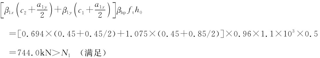 [β1x（a c2+）21y+β1y（a c1+]2）1x βhpfth0=[0.694×（0.45+0.45/2）+1.075×（0.45+0.85/2）]×0.96×1.1×103×0.5=744.0k N＞Nl（满足）