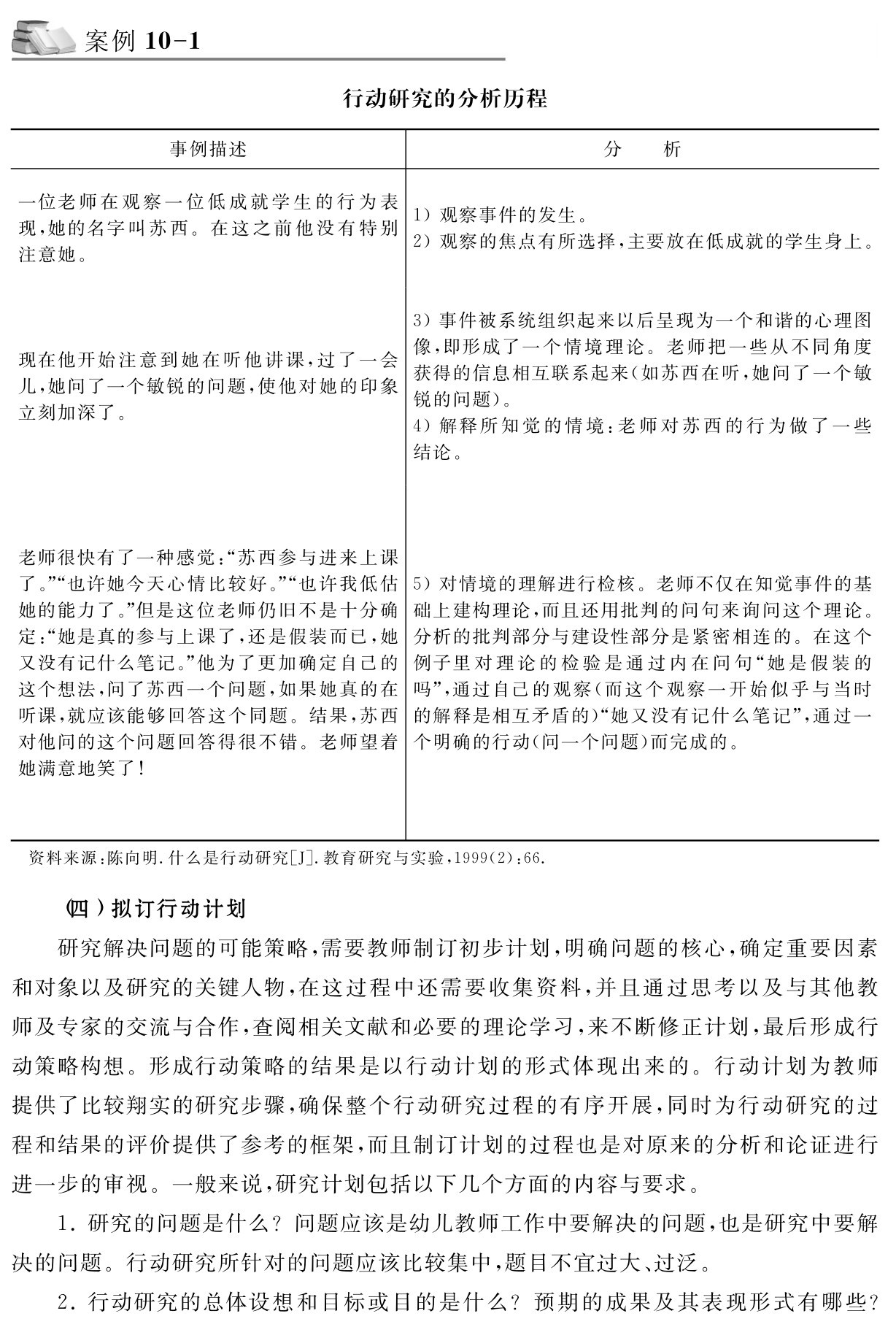 案例10 1行动研究的分析历程事例描述 分 析一位老师在观察一位低成就学生的行为表现，她的名字叫苏西。在这之前他没有特别注意她。现在他开始注意到她在听他讲课，过了一会儿，她问了一个敏锐的问题，使他对她的印象立刻加深了。老师很快有了一种感觉：“苏西参与进来上课了。”“也许她今天心情比较好。”“也许我低估她的能力了。”但是这位老师仍旧不是十分确定：“她是真的参与上课了，还是假装而已，她又没有记什么笔记。”他为了更加确定自己的这个想法，问了苏西一个问题，如果她真的在听课，就应该能够回答这个同题。结果，苏西对他问的这个问题回答得很不错。老师望着她满意地笑了！1）观察事件的发生。
2）观察的焦点有所选择，主要放在低成就的学生身上。3）事件被系统组织起来以后呈现为一个和谐的心理图像，即形成了一个情境理论。老师把一些从不同角度获得的信息相互联系起来（如苏西在听，她问了一个敏锐的问题）。
4）解释所知觉的情境：老师对苏西的行为做了一些结论。5）对情境的理解进行检核。老师不仅在知觉事件的基础上建构理论，而且还用批判的问句来询问这个理论。分析的批判部分与建设性部分是紧密相连的。在这个例子里对理论的检验是通过内在问句“她是假装的吗”，通过自己的观察（而这个观察一开始似乎与当时的解释是相互矛盾的）“她又没有记什么笔记”，通过一个明确的行动（问一个问题）而完成的。资料来源：陈向明．什么是行动研究［J］．教育研究与实验，1999（2）：66． （四）拟订行动计划
研究解决问题的可能策略，需要教师制订初步计划，明确问题的核心，确定重要因素和对象以及研究的关键人物，在这过程中还需要收集资料，并且通过思考以及与其他教师及专家的交流与合作，查阅相关文献和必要的理论学习，来不断修正计划，最后形成行动策略构想。形成行动策略的结果是以行动计划的形式体现出来的。行动计划为教师提供了比较翔实的研究步骤，确保整个行动研究过程的有序开展，同时为行动研究的过程和结果的评价提供了参考的框架，而且制订计划的过程也是对原来的分析和论证进行进一步的审视。一般来说，研究计划包括以下几个方面的内容与要求。
1．研究的问题是什么？问题应该是幼儿教师工作中要解决的问题，也是研究中要解决的问题。行动研究所针对的问题应该比较集中，题目不宜过大、过泛。
2．行动研究的总体设想和目标或目的是什么？预期的成果及其表现形式有哪些？