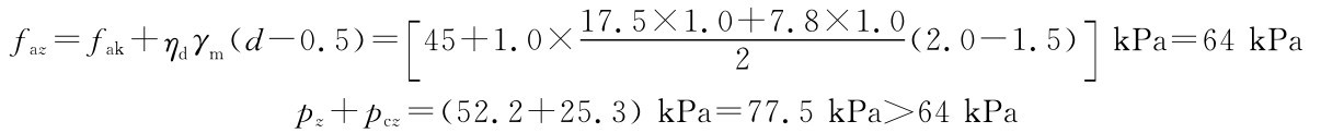 ［faz＝fak＋ηdγm（d－0．5）＝17．5×1 45＋1．0× ．0＋7．8×1．0（2．0－1 2 ．5）］kPa＝64kPa pz＋pcz＝（52．2＋25．3）kPa＝77．5kPa＞64kPa