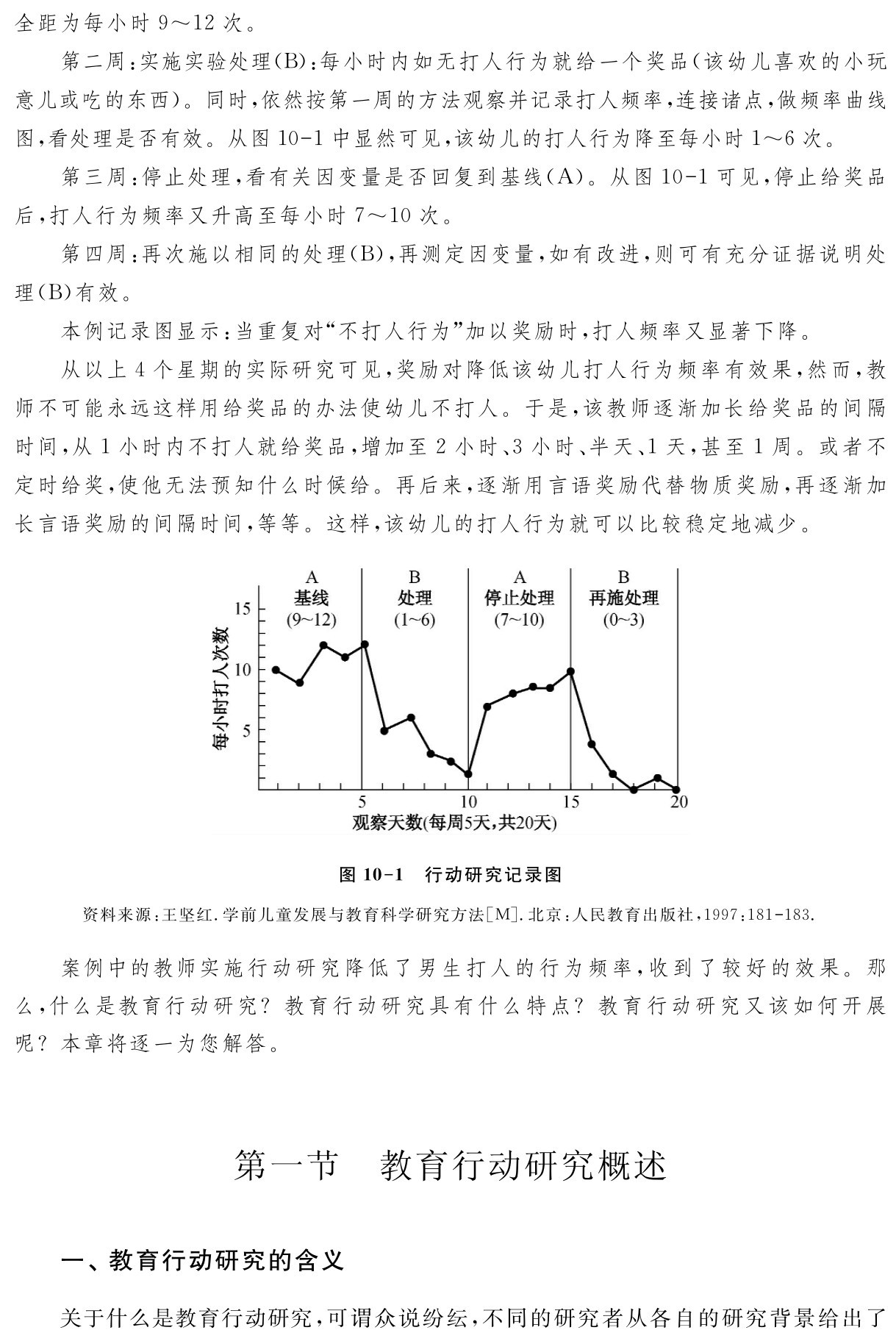 全距为每小时9～12次。
第二周：实施实验处理（B）：每小时内如无打人行为就给一个奖品（该幼儿喜欢的小玩意儿或吃的东西）。同时，依然按第一周的方法观察并记录打人频率，连接诸点，做频率曲线图，看处理是否有效。从图10 1中显然可见，该幼儿的打人行为降至每小时1～6次。
第三周：停止处理，看有关因变量是否回复到基线（A）。从图10 1可见，停止给奖品后，打人行为频率又升高至每小时7～10次。
第四周：再次施以相同的处理（B），再测定因变量，如有改进，则可有充分证据说明处理（B）有效。
本例记录图显示：当重复对“不打人行为”加以奖励时，打人频率又显著下降。
从以上4个星期的实际研究可见，奖励对降低该幼儿打人行为频率有效果，然而，教师不可能永远这样用给奖品的办法使幼儿不打人。于是，该教师逐渐加长给奖品的间隔时间，从1小时内不打人就给奖品，增加至2小时、3小时、半天、1天，甚至1周。或者不定时给奖，使他无法预知什么时候给。再后来，逐渐用言语奖励代替物质奖励，再逐渐加长言语奖励的间隔时间，等等。这样，该幼儿的打人行为就可以比较稳定地减少。图10 1 行动研究记录图资料来源：王坚红．学前儿童发展与教育科学研究方法［M］．北京：人民教育出版社，1997：181 183．案例中的教师实施行动研究降低了男生打人的行为频率，收到了较好的效果。那么，什么是教育行动研究？教育行动研究具有什么特点？教育行动研究又该如何开展呢？本章将逐一为您解答。第一节 教育行动研究概述一、教育行动研究的含义关于什么是教育行动研究，可谓众说纷纭，不同的研究者从各自的研究背景给出了