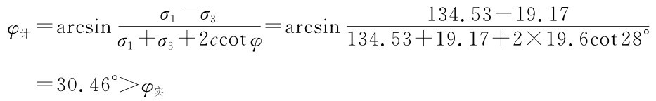 φ计=arcsin σ1-σ3134.53-19.17=arcsin σ1+σ3+2ccotφ134.53+19.17+2×19.6cot28°=30.46°＞φ实