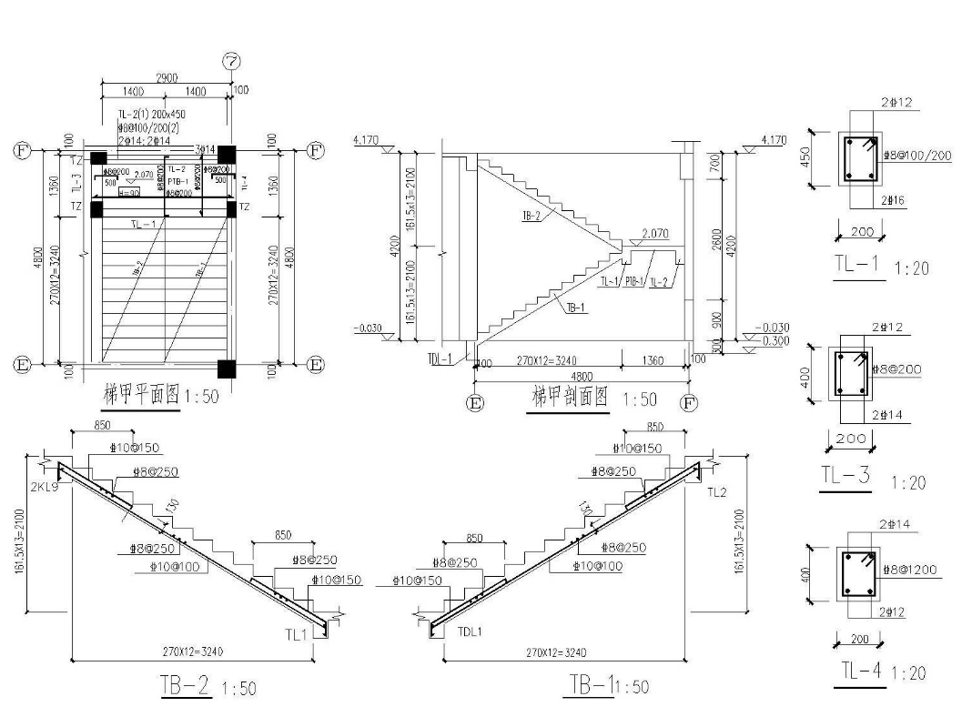 识读下面的楼梯结构施工图,可知梯段板tb1的板底受力筋为( ).