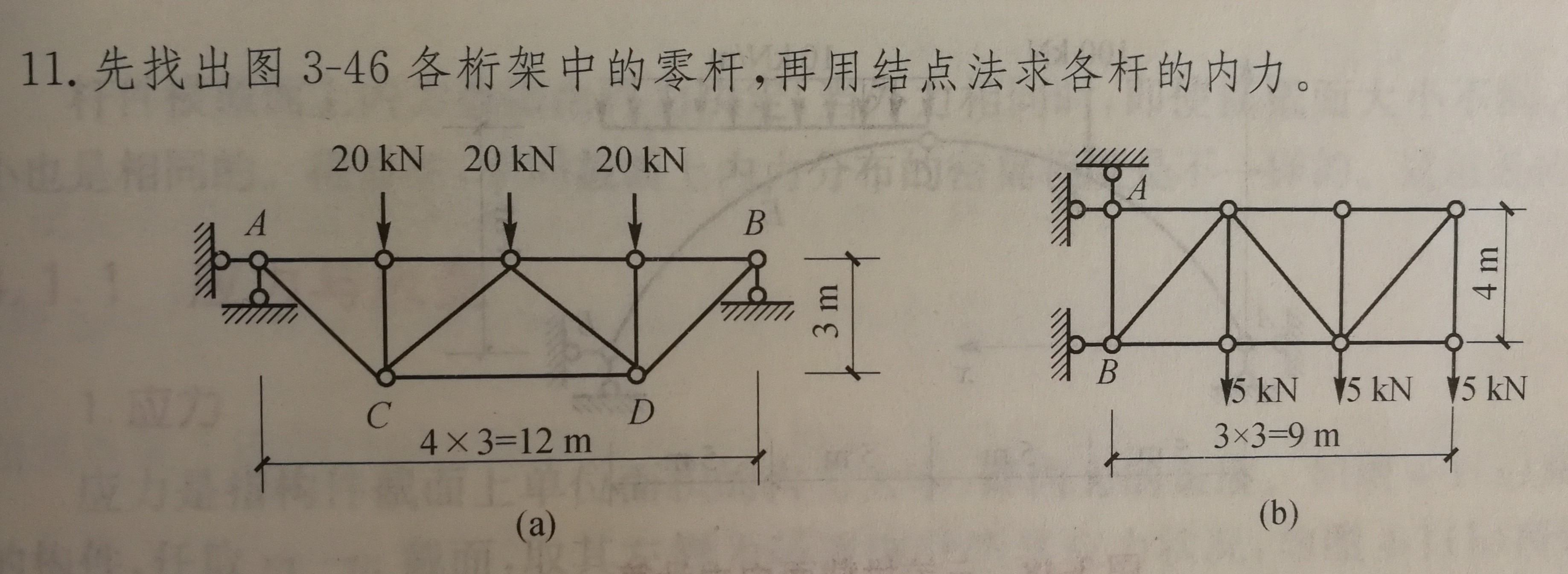 请选择下图中一个桁架完成零杆判定和内力计算