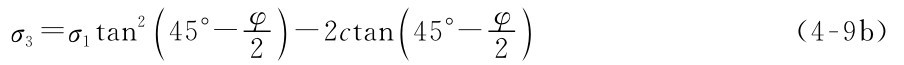 （σ3=σ1tan245°-φ）2-2ctan（45°-φ）2（4-9b）