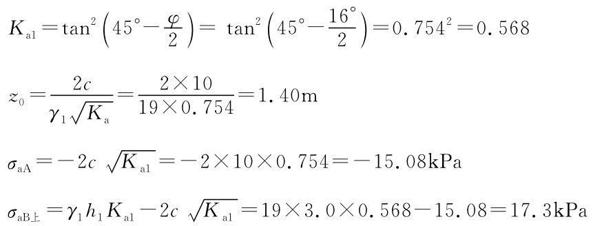 Ka1=tan2（45°-φ2）=tan2（ γ1K■a z0=2c=2×10 1 45°-=1.40m 2）=06°.7542=0.568 19×0.754 σa A=-2c K■a1=-2×10×0.754=-15.08k Pa σa B上=γ1h1Ka1-2c K■a1=19×3.0×0.568-15.08=17.3k Pa
