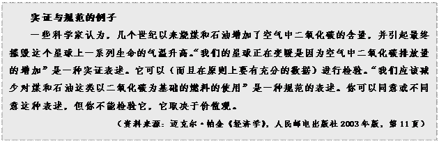 文本框: 实证与规范的例子一些科学家认为，几个世纪以来烧煤和石油增加了空气中二氧化碳的含量，并引起最终摧毁这个星球上一系列生命的气温升高。“我们的星球正在变暖是因为空气中二氧化碳排放量的增加”是一种实证表述。它可以（而且在原则上要有充分的数据）进行检验。“我们应该减少对煤和石油这类以二氧化碳为基础的燃料的使用”是一种规范的表述。你可以同意或不同意这种表述，但你不能检验它，它取决于价值观。（资料来源：迈克尔•帕金《经济学》，人民邮电出版社2003年版，第11页）