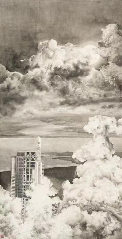 纸本水墨国画 李玉珠(农民)尺寸240cm�124cm、画名《大国腾飞——长征7号成功发射》 纸本水墨国画 李玉珠(农民)尺寸240cm�124cm、画名《大国腾飞——长征7号成功发射》.jpg