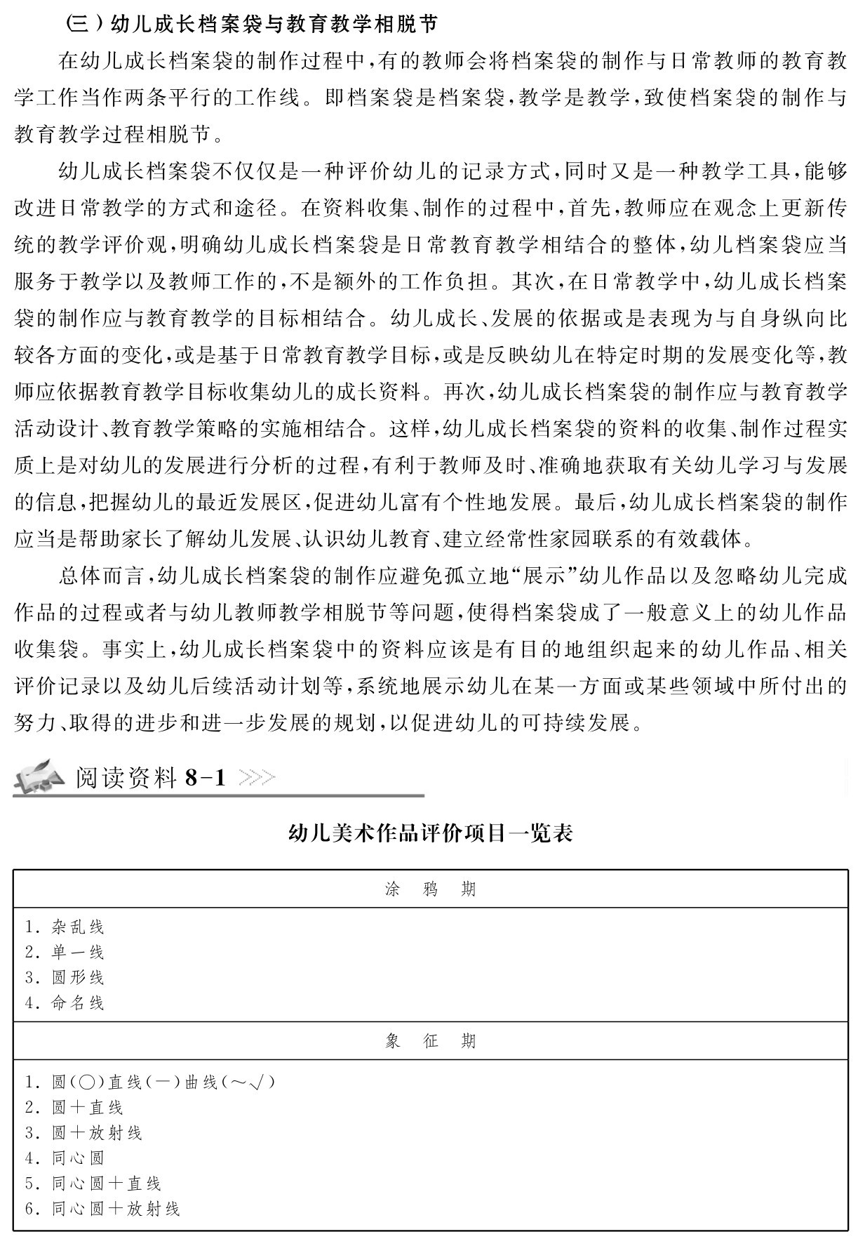 （三）幼儿成长档案袋与教育教学相脱节
在幼儿成长档案袋的制作过程中，有的教师会将档案袋的制作与日常教师的教育教学工作当作两条平行的工作线。即档案袋是档案袋，教学是教学，致使档案袋的制作与教育教学过程相脱节。
幼儿成长档案袋不仅仅是一种评价幼儿的记录方式，同时又是一种教学工具，能够改进日常教学的方式和途径。在资料收集、制作的过程中，首先，教师应在观念上更新传统的教学评价观，明确幼儿成长档案袋是日常教育教学相结合的整体，幼儿档案袋应当服务于教学以及教师工作的，不是额外的工作负担。其次，在日常教学中，幼儿成长档案袋的制作应与教育教学的目标相结合。幼儿成长、发展的依据或是表现为与自身纵向比较各方面的变化，或是基于日常教育教学目标，或是反映幼儿在特定时期的发展变化等，教师应依据教育教学目标收集幼儿的成长资料。再次，幼儿成长档案袋的制作应与教育教学活动设计、教育教学策略的实施相结合。这样，幼儿成长档案袋的资料的收集、制作过程实质上是对幼儿的发展进行分析的过程，有利于教师及时、准确地获取有关幼儿学习与发展的信息，把握幼儿的最近发展区，促进幼儿富有个性地发展。最后，幼儿成长档案袋的制作应当是帮助家长了解幼儿发展、认识幼儿教育、建立经常性家园联系的有效载体。
总体而言，幼儿成长档案袋的制作应避免孤立地“展示”幼儿作品以及忽略幼儿完成作品的过程或者与幼儿教师教学相脱节等问题，使得档案袋成了一般意义上的幼儿作品收集袋。事实上，幼儿成长档案袋中的资料应该是有目的地组织起来的幼儿作品、相关评价记录以及幼儿后续活动计划等，系统地展示幼儿在某一方面或某些领域中所付出的努力、取得的进步和进一步发展的规划，以促进幼儿的可持续发展。阅读资料8 11．杂乱线2．单一线3．圆形线4．命名线幼儿美术作品评价项目一览表涂 鸦 期象 征 期1．圆（○）直线（－）曲线（～√） 2．圆＋直线
3．圆＋放射线
4．同心圆
5．同心圆＋直线
6．同心圆＋放射线