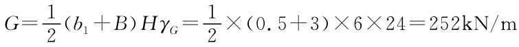 G=12（b1+B）HγG=12×（0.5+3）×6×24=252k N/m