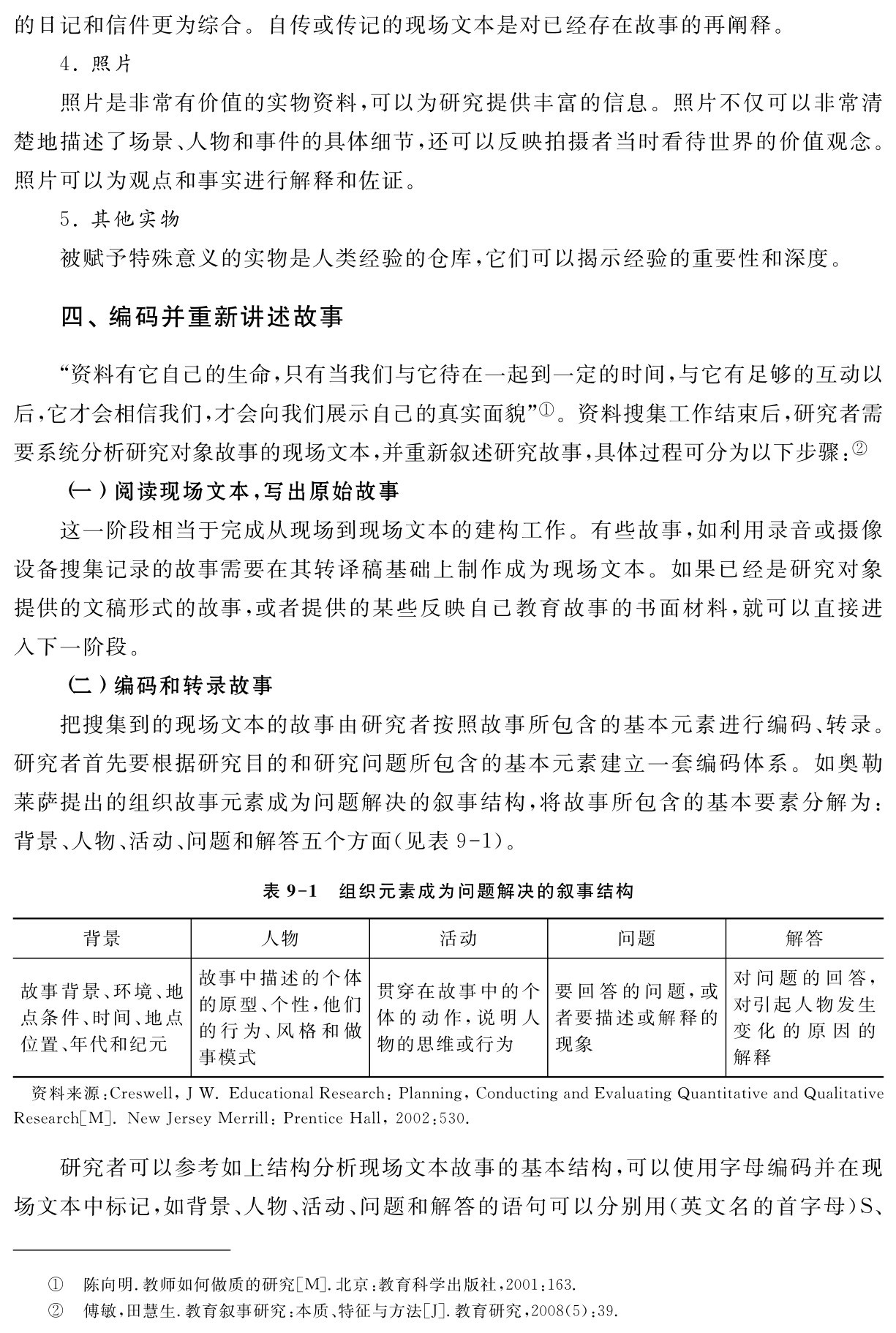 的日记和信件更为综合。自传或传记的现场文本是对已经存在故事的再阐释。
4．照片
照片是非常有价值的实物资料，可以为研究提供丰富的信息。照片不仅可以非常清楚地描述了场景、人物和事件的具体细节，还可以反映拍摄者当时看待世界的价值观念。照片可以为观点和事实进行解释和佐证。
5．其他实物
被赋予特殊意义的实物是人类经验的仓库，它们可以揭示经验的重要性和深度。四、编码并重新讲述故事“资料有它自己的生命，只有当我们与它待在一起到一定的时间，与它有足够的互动以后，它才会相信我们，才会向我们展示自己的真实面貌”①。资料搜集工作结束后，研究者需要系统分析研究对象故事的现场文本，并重新叙述研究故事，具体过程可分为以下步骤：②
（一）阅读现场文本，写出原始故事
这一阶段相当于完成从现场到现场文本的建构工作。有些故事，如利用录音或摄像设备搜集记录的故事需要在其转译稿基础上制作成为现场文本。如果已经是研究对象提供的文稿形式的故事，或者提供的某些反映自己教育故事的书面材料，就可以直接进入下一阶段。
（二）编码和转录故事
把搜集到的现场文本的故事由研究者按照故事所包含的基本元素进行编码、转录。研究者首先要根据研究目的和研究问题所包含的基本元素建立一套编码体系。如奥勒莱萨提出的组织故事元素成为问题解决的叙事结构，将故事所包含的基本要素分解为：背景、人物、活动、问题和解答五个方面（见表9 1）。表9 1 组织元素成为问题解决的叙事结构背景 人物 活动 问题 解答故事背景、环境、地点条件、时间、地点位置、年代和纪元故事中描述的个体的原型、个性，他们的行为、风格和做事模式贯穿在故事中的个体的动作，说明人物的思维或行为要回答的问题，或者要描述或解释的现象对问题的回答，对引起人物发生变化的原因的解释资料来源：Creswell，J W．Educational Research：Planning，Conducting and Evaluating Quantitative and Qualitative Research［M］．New Jersey Merrill：Prentice Hall，2002：530．研究者可以参考如上结构分析现场文本故事的基本结构，可以使用字母编码并在现场文本中标记，如背景、人物、活动、问题和解答的语句可以分别用（英文名的首字母）S、①②陈向明．教师如何做质的研究［M］．北京：教育科学出版社，2001：163．
傅敏，田慧生．教育叙事研究：本质、特征与方法［J］．教育研究，2008（5）：39．