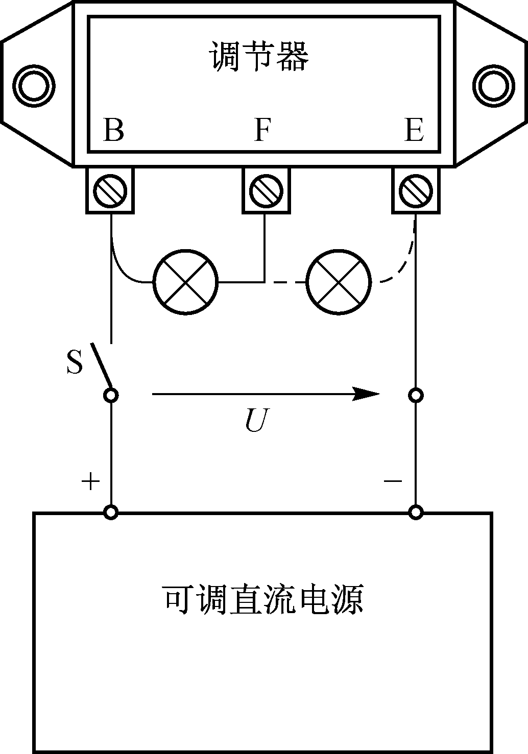 图1-28 晶体管电压调节器类型的判别与性能检测接线图  (2)用一试灯