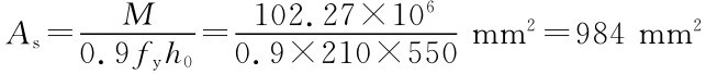As＝ M 0．9fyh0＝102．27×106 0．9×210×550mm2＝984mm2