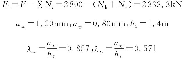 Fl=F-ΣNi=2800-（Nb+Nc）=2333.3k N aox=1.20mm，aoy=0.80mm，h0=1.4m aox λox=h0=0.857，λoy=aoy h0=0.571