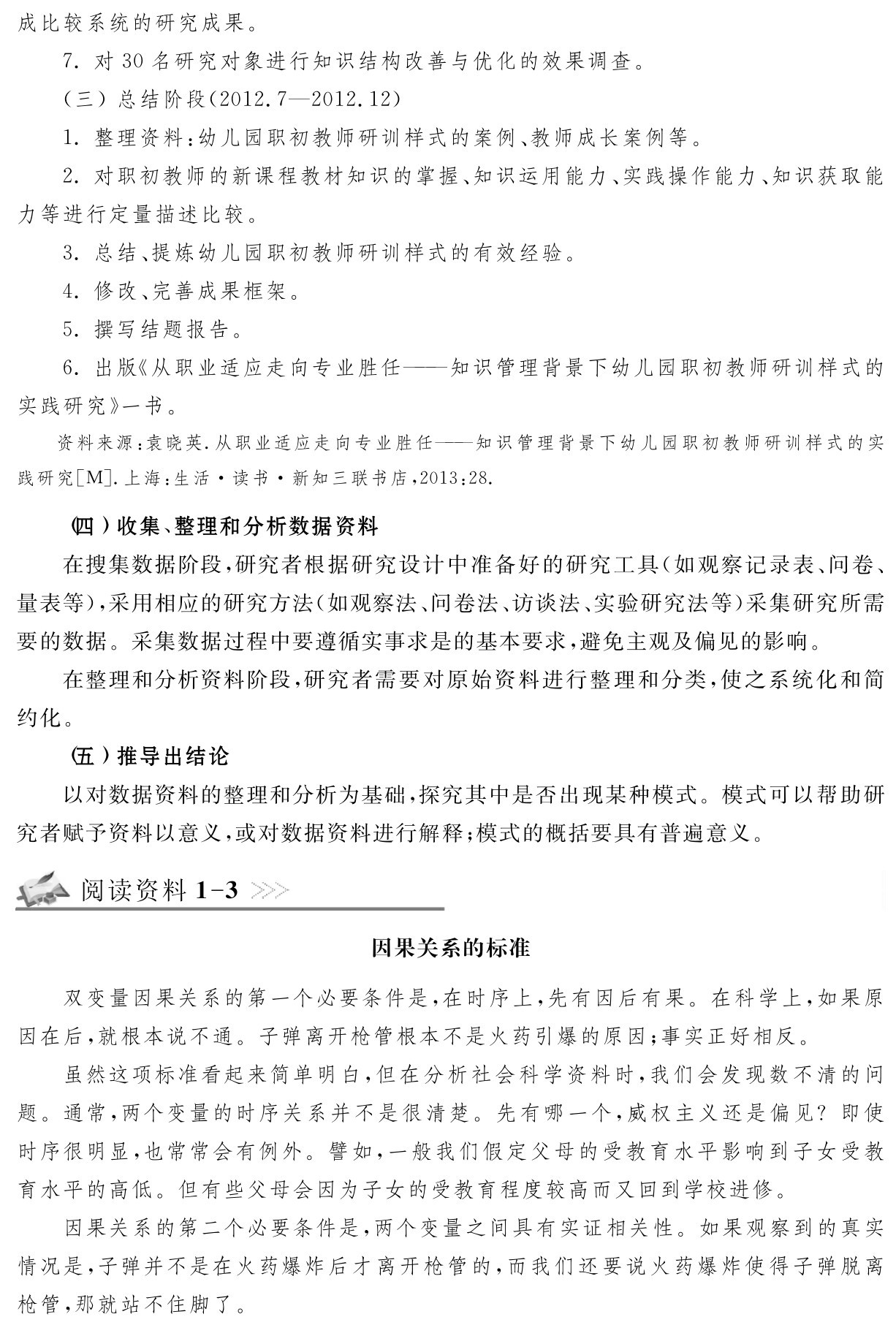 成比较系统的研究成果。
7．对30名研究对象进行知识结构改善与优化的效果调查。
（三）总结阶段（2012．7—2012．12） 
1．整理资料：幼儿园职初教师研训样式的案例、教师成长案例等。
2．对职初教师的新课程教材知识的掌握、知识运用能力、实践操作能力、知识获取能力等进行定量描述比较。
3．总结、提炼幼儿园职初教师研训样式的有效经验。
4．修改、完善成果框架。
5．撰写结题报告。
6．出版《从职业适应走向专业胜任——知识管理背景下幼儿园职初教师研训样式的实践研究》一书。资料来源：袁晓英．从职业适应走向专业胜任——知识管理背景下幼儿园职初教师研训样式的实践研究［M］．上海：生活·读书·新知三联书店，2013：28． （四）收集、整理和分析数据资料
在搜集数据阶段，研究者根据研究设计中准备好的研究工具（如观察记录表、问卷、量表等），采用相应的研究方法（如观察法、问卷法、访谈法、实验研究法等）采集研究所需要的数据。采集数据过程中要遵循实事求是的基本要求，避免主观及偏见的影响。
在整理和分析资料阶段，研究者需要对原始资料进行整理和分类，使之系统化和简约化。
（五）推导出结论
以对数据资料的整理和分析为基础，探究其中是否出现某种模式。模式可以帮助研究者赋予资料以意义，或对数据资料进行解释；模式的概括要具有普遍意义。阅读资料1 3因果关系的标准双变量因果关系的第一个必要条件是，在时序上，先有因后有果。在科学上，如果原因在后，就根本说不通。子弹离开枪管根本不是火药引爆的原因；事实正好相反。
虽然这项标准看起来简单明白，但在分析社会科学资料时，我们会发现数不清的问题。通常，两个变量的时序关系并不是很清楚。先有哪一个，威权主义还是偏见？即使时序很明显，也常常会有例外。譬如，一般我们假定父母的受教育水平影响到子女受教育水平的高低。但有些父母会因为子女的受教育程度较高而又回到学校进修。
因果关系的第二个必要条件是，两个变量之间具有实证相关性。如果观察到的真实情况是，子弹并不是在火药爆炸后才离开枪管的，而我们还要说火药爆炸使得子弹脱离枪管，那就站不住脚了。
