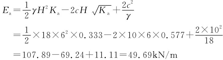 Ea=1 2γH2Ka-2c H■Ka+2c2 γ=1 2 ×18×62×0.333-2×10×6×0.577+2×102 18=107.89-69.24+11.11=49.69k N/m