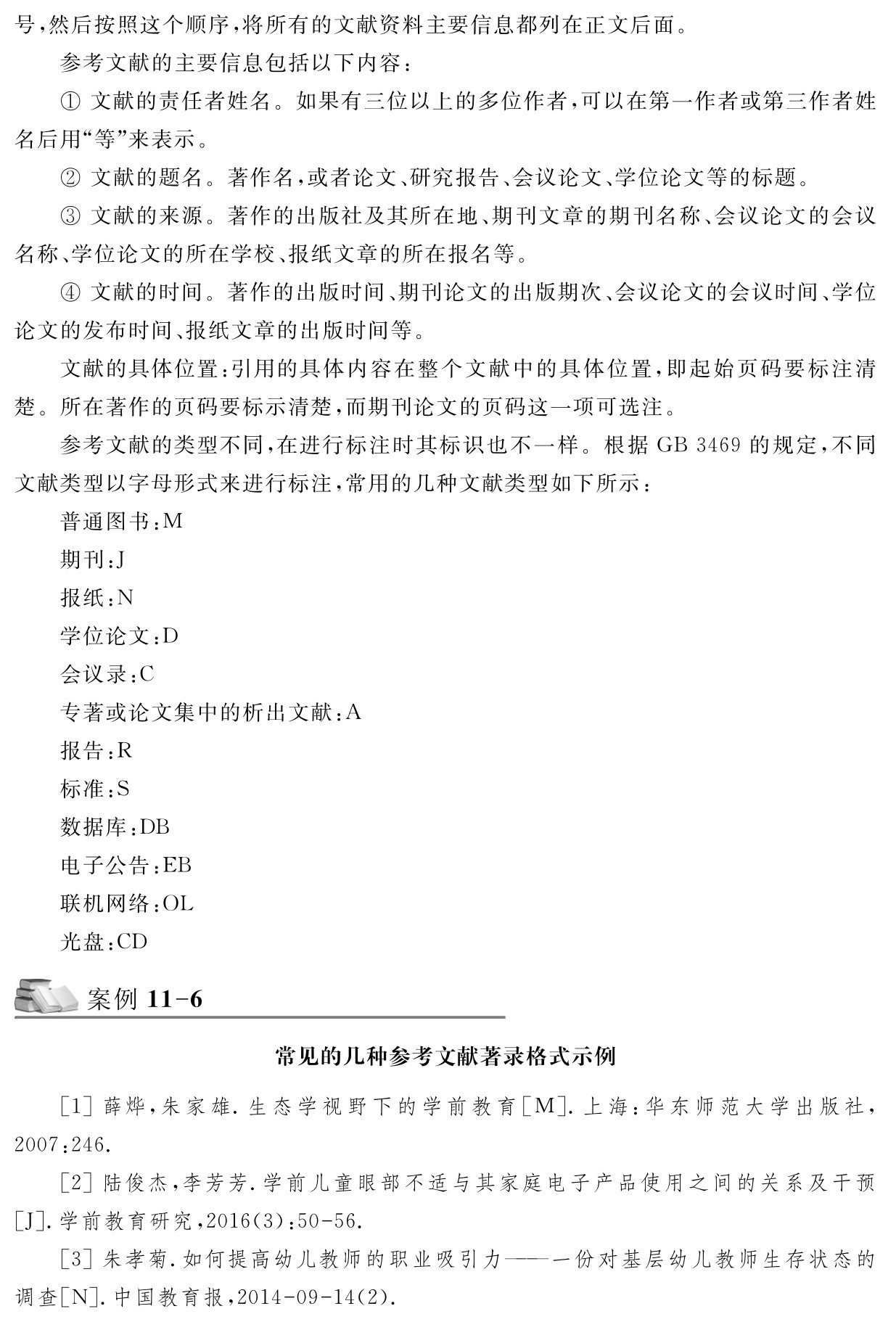 号，然后按照这个顺序，将所有的文献资料主要信息都列在正文后面。
参考文献的主要信息包括以下内容：
①文献的责任者姓名。如果有三位以上的多位作者，可以在第一作者或第三作者姓名后用“等”来表示。
②文献的题名。著作名，或者论文、研究报告、会议论文、学位论文等的标题。
③文献的来源。著作的出版社及其所在地、期刊文章的期刊名称、会议论文的会议名称、学位论文的所在学校、报纸文章的所在报名等。
④文献的时间。著作的出版时间、期刊论文的出版期次、会议论文的会议时间、学位论文的发布时间、报纸文章的出版时间等。
文献的具体位置：引用的具体内容在整个文献中的具体位置，即起始页码要标注清楚。所在著作的页码要标示清楚，而期刊论文的页码这一项可选注。
参考文献的类型不同，在进行标注时其标识也不一样。根据GB 3469的规定，不同文献类型以字母形式来进行标注，常用的几种文献类型如下所示：
普通图书：M
期刊：J
报纸：N
学位论文：D
会议录：C
专著或论文集中的析出文献：A
报告：R
标准：S
数据库：DB
电子公告：EB
联机网络：OL
光盘：CD案例11 6常见的几种参考文献著录格式示例［1］薛烨，朱家雄．生态学视野下的学前教育［M］．上海：华东师范大学出版社， 2007：246． 
［2］陆俊杰，李芳芳．学前儿童眼部不适与其家庭电子产品使用之间的关系及干预［J］．学前教育研究，2016（3）：50 56． 
［3］朱孝菊．如何提高幼儿教师的职业吸引力——一份对基层幼儿教师生存状态的调查［N］．中国教育报，2014 09 14（2）．
