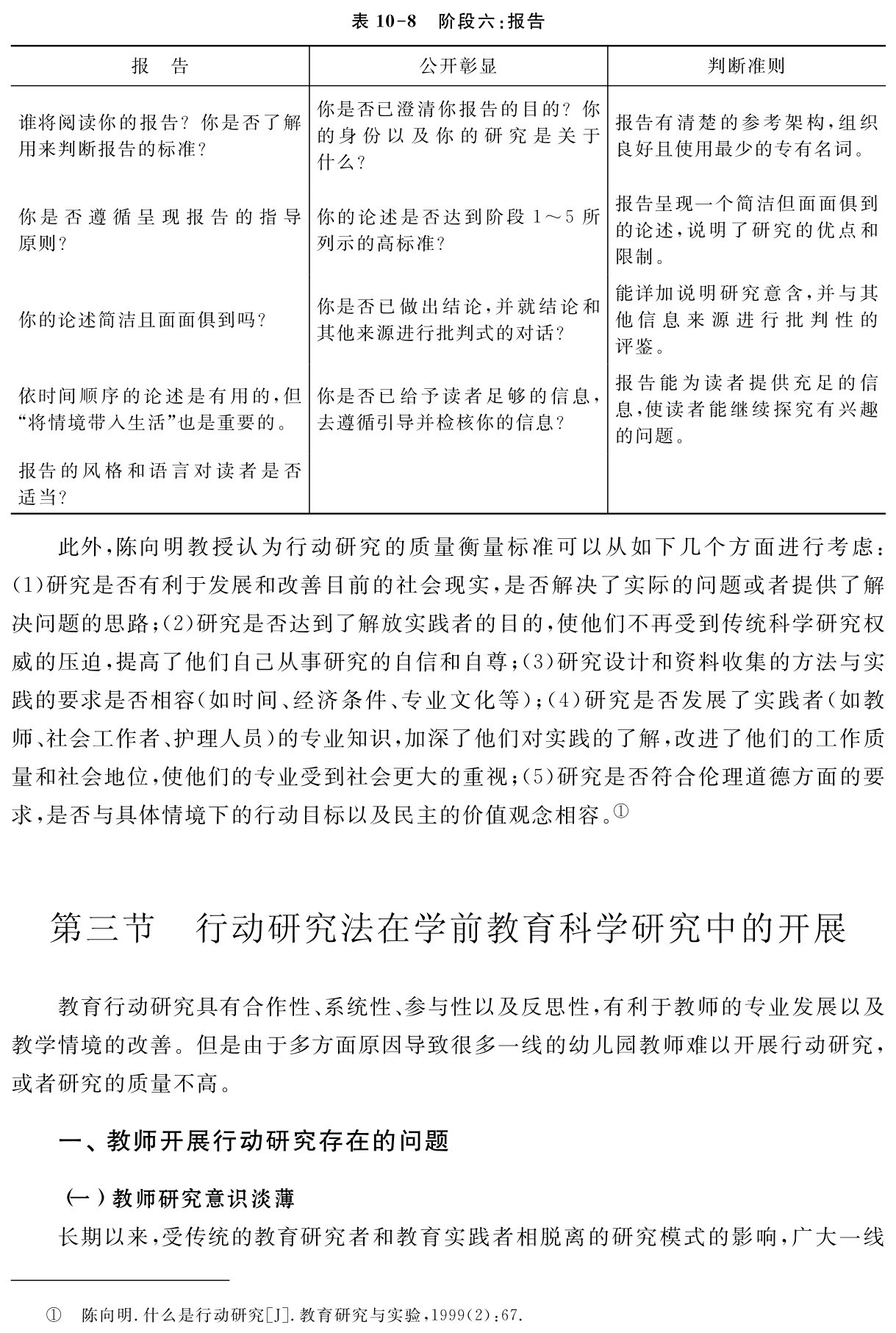 表10 8 阶段六：报告报 告 公开彰显 判断准则谁将阅读你的报告？你是否了解用来判断报告的标准？你是否遵循呈现报告的指导原则？你是否已澄清你报告的目的？你的身份以及你的研究是关于什么？你的论述是否达到阶段1～5所列示的高标准？你的论述简洁且面面俱到吗？ 你是否已做出结论，并就结论和其他来源进行批判式的对话？依时间顺序的论述是有用的，但“将情境带入生活”也是重要的。报告有清楚的参考架构，组织良好且使用最少的专有名词。报告呈现一个简洁但面面俱到的论述，说明了研究的优点和限制。能详加说明研究意含，并与其他信息来源进行批判性的评鉴。你是否已给予读者足够的信息，
去遵循引导并检核你的信息？
报告能为读者提供充足的信息，使读者能继续探究有兴趣的问题。报告的风格和语言对读者是否适当？此外，陈向明教授认为行动研究的质量衡量标准可以从如下几个方面进行考虑：（1）研究是否有利于发展和改善目前的社会现实，是否解决了实际的问题或者提供了解决问题的思路；（2）研究是否达到了解放实践者的目的，使他们不再受到传统科学研究权威的压迫，提高了他们自己从事研究的自信和自尊；（3）研究设计和资料收集的方法与实践的要求是否相容（如时间、经济条件、专业文化等）；（4）研究是否发展了实践者（如教师、社会工作者、护理人员）的专业知识，加深了他们对实践的了解，改进了他们的工作质量和社会地位，使他们的专业受到社会更大的重视；（5）研究是否符合伦理道德方面的要求，是否与具体情境下的行动目标以及民主的价值观念相容。①第三节 行动研究法在学前教育科学研究中的开展教育行动研究具有合作性、系统性、参与性以及反思性，有利于教师的专业发展以及教学情境的改善。但是由于多方面原因导致很多一线的幼儿园教师难以开展行动研究，或者研究的质量不高。一、教师开展行动研究存在的问题（一）教师研究意识淡薄
长期以来，受传统的教育研究者和教育实践者相脱离的研究模式的影响，广大一线① 陈向明．什么是行动研究［J］．教育研究与实验，1999（2）：67．