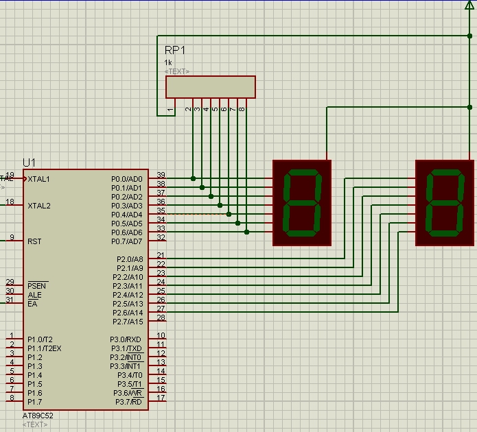 P0和P2口两个共阳静态连接数码管电路图