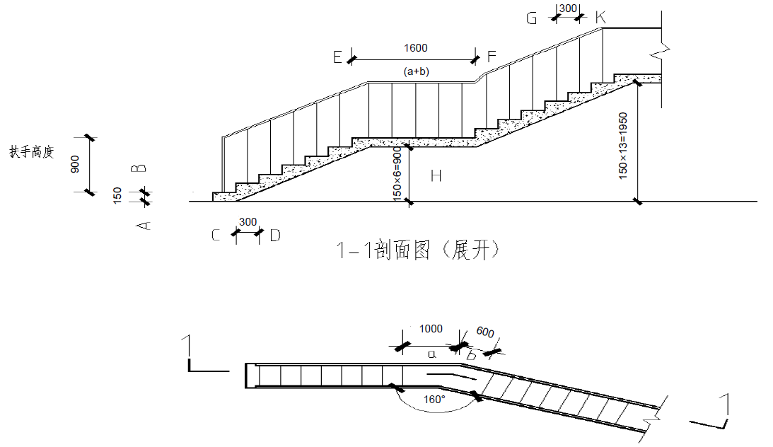 按1:50的比例画楼梯的展开剖面图