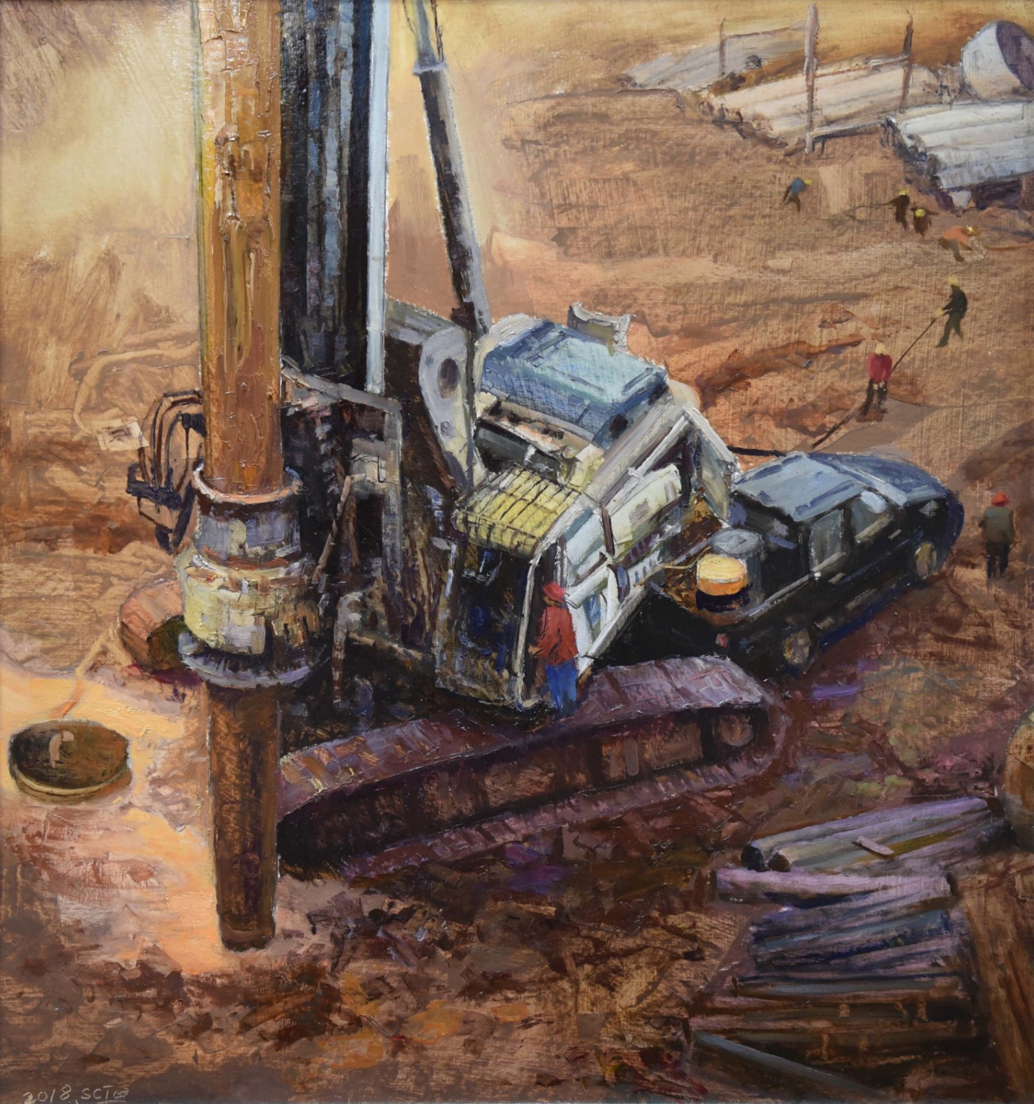 工地加油车_油画_2018