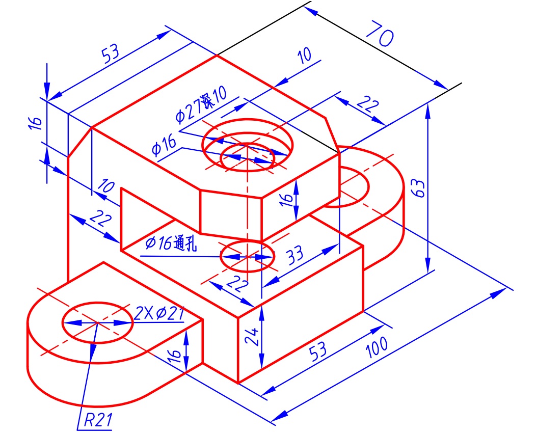 根据轴测图上所注尺寸,选择合适比例在a3工程制图纸上