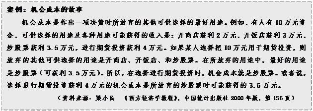 文本框: 案例：机会成本的故事机会成本是作出一项决策时所放弃的其他可供选择的最好用途。例如，有人有10万元资金，可供选择的用途及各种用途可能获得的收入是：开商店获利2万元，开饭店获利3万元，炒股票获利3.5万元，进行期货投资获利4万元。如果某人选择把10万元用于期货投资，则放弃的其他可供选择的用途是开商店、开饭店、和炒股票。在所放弃的用途中，最好的用途是炒股票（可获利3.5万元）。所以，在选择进行期货投资时，机会成本就是炒股票。或者说，选择进行期货投资获利4万元的机会成本是所放弃的炒股票时可能获得的3.5万元。（资料来源：梁小民  《西方经济学教程》，中国统计出版社2000年版，第156页）