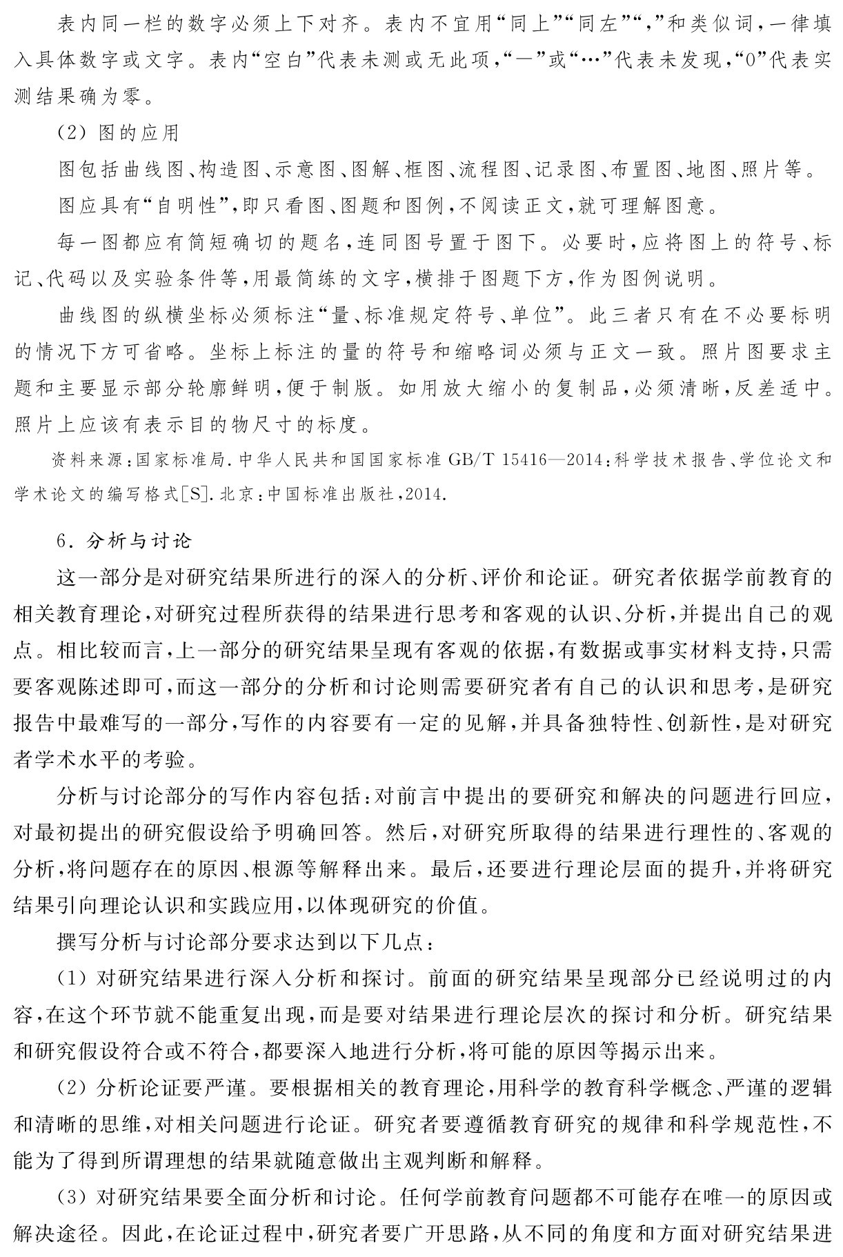表内同一栏的数字必须上下对齐。表内不宜用“同上”“同左”“，”和类似词，一律填入具体数字或文字。表内“空白”代表未测或无此项，“－”或“…”代表未发现，“0”代表实测结果确为零。
（2）图的应用
图包括曲线图、构造图、示意图、图解、框图、流程图、记录图、布置图、地图、照片等。
图应具有“自明性”，即只看图、图题和图例，不阅读正文，就可理解图意。
每一图都应有简短确切的题名，连同图号置于图下。必要时，应将图上的符号、标记、代码以及实验条件等，用最简练的文字，横排于图题下方，作为图例说明。
曲线图的纵横坐标必须标注“量、标准规定符号、单位”。此三者只有在不必要标明的情况下方可省略。坐标上标注的量的符号和缩略词必须与正文一致。照片图要求主题和主要显示部分轮廓鲜明，便于制版。如用放大缩小的复制品，必须清晰，反差适中。照片上应该有表示目的物尺寸的标度。资料来源：国家标准局．中华人民共和国国家标准GB／T 15416—2014：科学技术报告、学位论文和学术论文的编写格式［S］．北京：中国标准出版社，2014． 6．分析与讨论
这一部分是对研究结果所进行的深入的分析、评价和论证。研究者依据学前教育的相关教育理论，对研究过程所获得的结果进行思考和客观的认识、分析，并提出自己的观点。相比较而言，上一部分的研究结果呈现有客观的依据，有数据或事实材料支持，只需要客观陈述即可，而这一部分的分析和讨论则需要研究者有自己的认识和思考，是研究报告中最难写的一部分，写作的内容要有一定的见解，并具备独特性、创新性，是对研究者学术水平的考验。
分析与讨论部分的写作内容包括：对前言中提出的要研究和解决的问题进行回应，对最初提出的研究假设给予明确回答。然后，对研究所取得的结果进行理性的、客观的分析，将问题存在的原因、根源等解释出来。最后，还要进行理论层面的提升，并将研究结果引向理论认识和实践应用，以体现研究的价值。
撰写分析与讨论部分要求达到以下几点：
（1）对研究结果进行深入分析和探讨。前面的研究结果呈现部分已经说明过的内容，在这个环节就不能重复出现，而是要对结果进行理论层次的探讨和分析。研究结果和研究假设符合或不符合，都要深入地进行分析，将可能的原因等揭示出来。
（2）分析论证要严谨。要根据相关的教育理论，用科学的教育科学概念、严谨的逻辑和清晰的思维，对相关问题进行论证。研究者要遵循教育研究的规律和科学规范性，不能为了得到所谓理想的结果就随意做出主观判断和解释。
（3）对研究结果要全面分析和讨论。任何学前教育问题都不可能存在唯一的原因或解决途径。因此，在论证过程中，研究者要广开思路，从不同的角度和方面对研究结果进