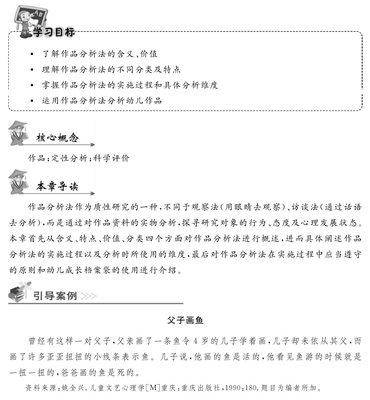  了解作品分析法的含义、价值
 理解作品分析法的不同分类及特点
 掌握作品分析法的实施过程和具体分析维度 运用作品分析法分析幼儿作品作品；定性分析；科学评价作品分析法作为质性研究的一种，不同于观察法（用眼睛去观察）、访谈法（通过话语去分析），而是通过对作品资料的实物分析，探寻研究对象的行为、态度及心理发展状态。本章首先从含义、特点、价值、分类四个方面对作品分析法进行概述，进而具体阐述作品分析法的实施过程以及分析时所使用的维度，最后对作品分析法在实施过程中应当遵守的原则和幼儿成长档案袋的使用进行介绍。父子画鱼曾经有这样一对父子，父亲画了一条鱼令4岁的儿子学着画，儿子却未依从其父，而画了许多歪歪扭扭的小线条表示鱼。儿子说，他画的鱼是活的，他看见鱼游的时候就是一扭一扭的，爸爸画的鱼是死的。资料来源：姚全兴．儿童文艺心理学［M］重庆：重庆出版社，1990：180．题目为编者所加。