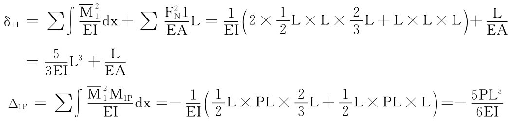 δ11＝∑∫M21EIdx＋∑＝5L3＋L 3EIEA Δ1P＝∑∫M21M1P F2N1L＝1 EAEI （2×1L×L×2 2 L＋L×L× 3L）＋LEA dx＝－1 EIEI （1 2 L×PL×2L＋1L×PL × 32L）＝－5PL36EI