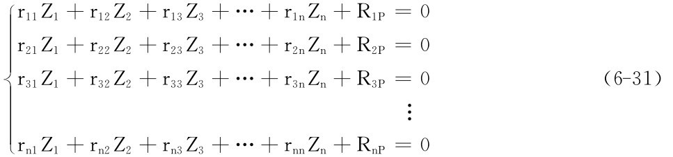 ■■r11Z1＋r12Z2＋r13Z3＋…＋r1nZn＋R1P＝0 r21Z1＋r22Z2＋r23Z3＋…＋r2nZn＋R2P＝0 r31Z1＋r32Z2＋r33Z3＋…＋r3nZn＋R3P＝0（6－31）■rn1Z1＋rn2Z2＋rn3Z3＋…＋rnnZn＋Rn P＝0