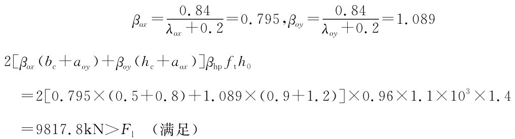 0.84 βox=λox+0.2=0.795，βoy=0.84 =1.089 λoy+0.2 2[βox（bc+aoy）+βoy（hc+aox）]βhpfth0=2[0.795×（0.5+0.8）+1.089×（0.9+1.2）]×0.96×1.1×103×1.4=9817.8k N＞Fl（满足）