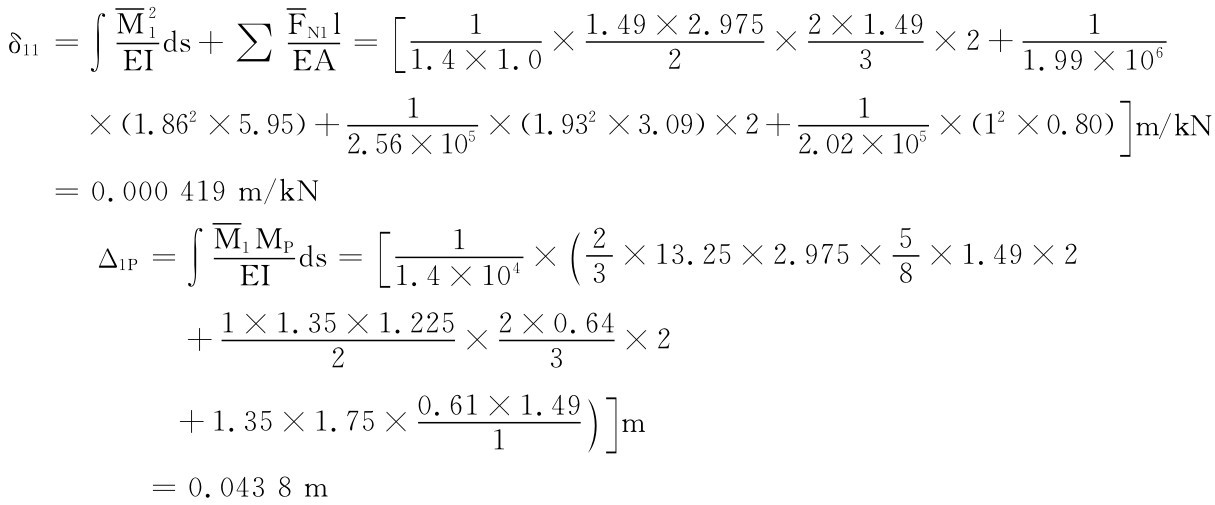 δ11＝∫M21EIds＋∑FN1l EA＝［1 ×1.49×2.975 1.4×1.02 ×2×1.49 3 ×2＋1 1.99×106  ×（1.862×5.95）＋ 12.56×105×（1.932×3.09）×2＋ 12.02×105×（12×0.80］）m／kN Δ1P＝∫M1MPEIds＝［＝0.000 419m／kN 1 1.4×104×（2 3×13.25×2.975×58×1.49×2＋1×1.35×1.2252×0.64 2 ×＋1.35×1.75×0 3 ×2 .61×1 1＝0.0438m .49）］m