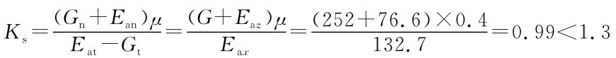 Ks=（Gn+Ean）μ Eat-Gt=（G+Eaz）μ=（252+76.6）×0.4 Eax=0.99＜1.3132.7