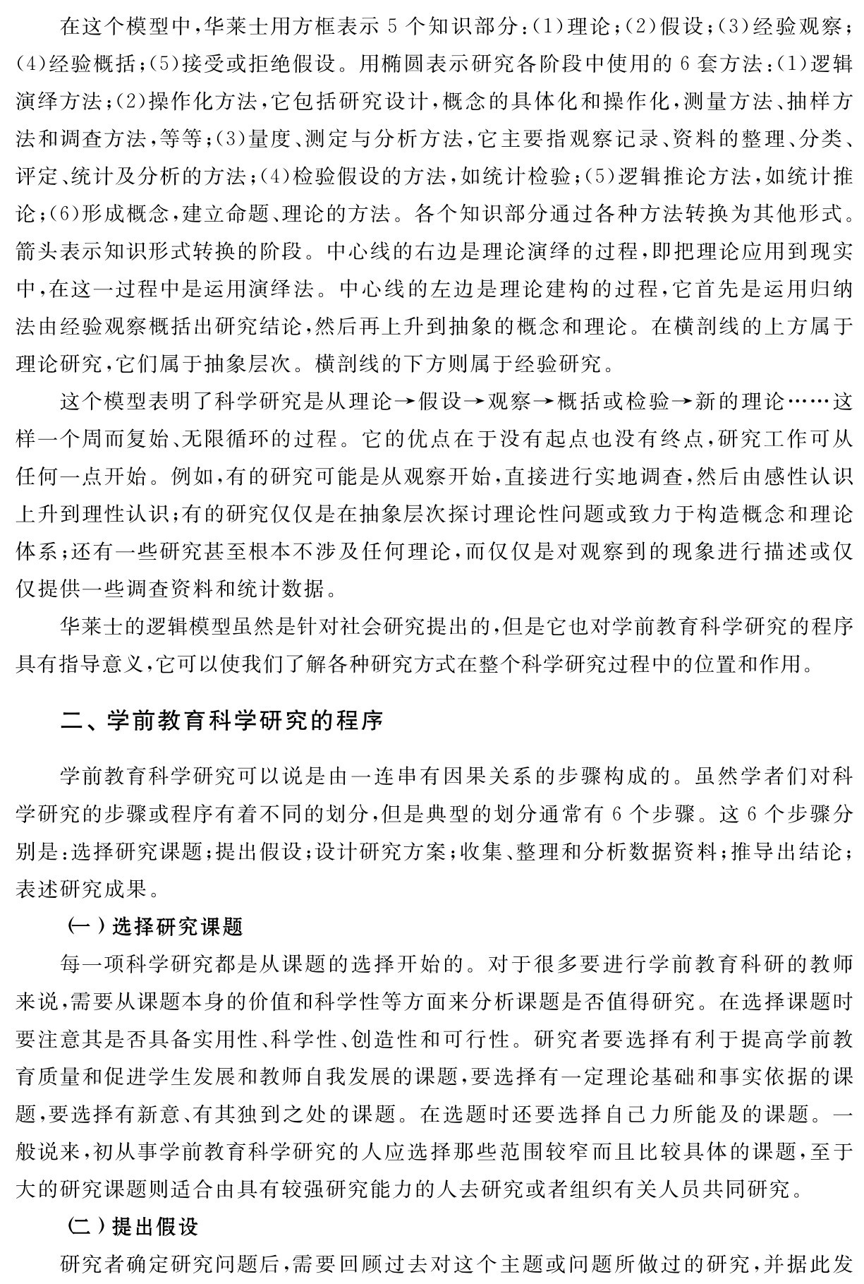 在这个模型中，华莱士用方框表示5个知识部分：（1）理论；（2）假设；（3）经验观察；（4）经验概括；（5）接受或拒绝假设。用椭圆表示研究各阶段中使用的6套方法：（1）逻辑演绎方法；（2）操作化方法，它包括研究设计，概念的具体化和操作化，测量方法、抽样方法和调查方法，等等；（3）量度、测定与分析方法，它主要指观察记录、资料的整理、分类、评定、统计及分析的方法；（4）检验假设的方法，如统计检验；（5）逻辑推论方法，如统计推论；（6）形成概念，建立命题、理论的方法。各个知识部分通过各种方法转换为其他形式。箭头表示知识形式转换的阶段。中心线的右边是理论演绎的过程，即把理论应用到现实中，在这一过程中是运用演绎法。中心线的左边是理论建构的过程，它首先是运用归纳法由经验观察概括出研究结论，然后再上升到抽象的概念和理论。在横剖线的上方属于理论研究，它们属于抽象层次。横剖线的下方则属于经验研究。
这个模型表明了科学研究是从理论→假设→观察→概括或检验→新的理论……这样一个周而复始、无限循环的过程。它的优点在于没有起点也没有终点，研究工作可从任何一点开始。例如，有的研究可能是从观察开始，直接进行实地调查，然后由感性认识上升到理性认识；有的研究仅仅是在抽象层次探讨理论性问题或致力于构造概念和理论体系；还有一些研究甚至根本不涉及任何理论，而仅仅是对观察到的现象进行描述或仅仅提供一些调查资料和统计数据。
华莱士的逻辑模型虽然是针对社会研究提出的，但是它也对学前教育科学研究的程序具有指导意义，它可以使我们了解各种研究方式在整个科学研究过程中的位置和作用。二、学前教育科学研究的程序学前教育科学研究可以说是由一连串有因果关系的步骤构成的。虽然学者们对科学研究的步骤或程序有着不同的划分，但是典型的划分通常有6个步骤。这6个步骤分别是：选择研究课题；提出假设；设计研究方案；收集、整理和分析数据资料；推导出结论；表述研究成果。
（一）选择研究课题
每一项科学研究都是从课题的选择开始的。对于很多要进行学前教育科研的教师来说，需要从课题本身的价值和科学性等方面来分析课题是否值得研究。在选择课题时要注意其是否具备实用性、科学性、创造性和可行性。研究者要选择有利于提高学前教育质量和促进学生发展和教师自我发展的课题，要选择有一定理论基础和事实依据的课题，要选择有新意、有其独到之处的课题。在选题时还要选择自己力所能及的课题。一般说来，初从事学前教育科学研究的人应选择那些范围较窄而且比较具体的课题，至于大的研究课题则适合由具有较强研究能力的人去研究或者组织有关人员共同研究。
（二）提出假设
研究者确定研究问题后，需要回顾过去对这个主题或问题所做过的研究，并据此发