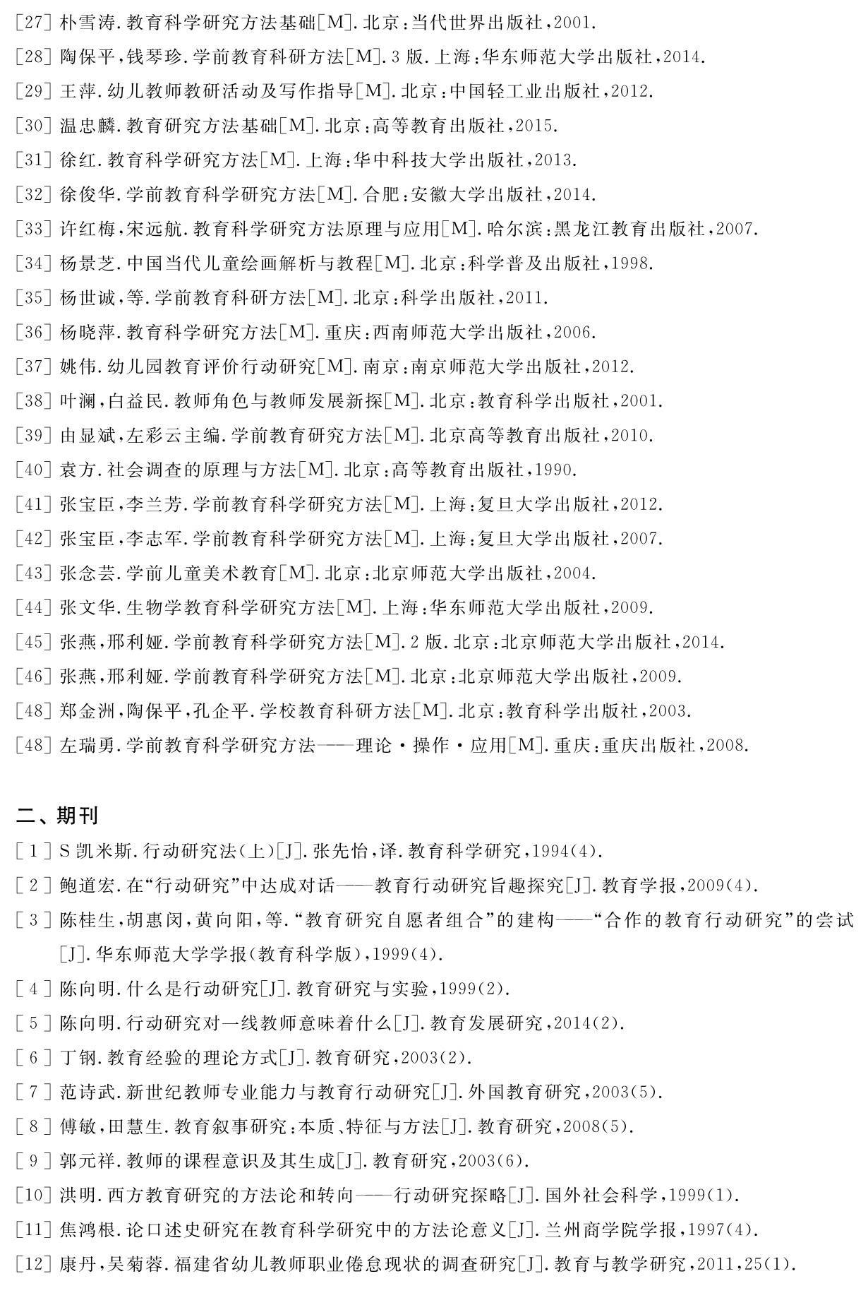 ［27］朴雪涛．教育科学研究方法基础［M］．北京：当代世界出版社，2001． 
［28］陶保平，钱琴珍．学前教育科研方法［M］．3版．上海：华东师范大学出版社，2014． 
［29］王萍．幼儿教师教研活动及写作指导［M］．北京：中国轻工业出版社，2012． 
［30］温忠麟．教育研究方法基础［M］．北京：高等教育出版社，2015． 
［31］徐红．教育科学研究方法［M］．上海：华中科技大学出版社，2013． 
［32］徐俊华．学前教育科学研究方法［M］．合肥：安徽大学出版社，2014． 
［33］许红梅，宋远航．教育科学研究方法原理与应用［M］．哈尔滨：黑龙江教育出版社，2007． 
［34］杨景芝．中国当代儿童绘画解析与教程［M］．北京：科学普及出版社，1998． 
［35］杨世诚，等．学前教育科研方法［M］．北京：科学出版社，2011． 
［36］杨晓萍．教育科学研究方法［M］．重庆：西南师范大学出版社，2006． 
［37］姚伟．幼儿园教育评价行动研究［M］．南京：南京师范大学出版社，2012． 
［38］叶澜，白益民．教师角色与教师发展新探［M］．北京：教育科学出版社，2001． 
［39］由显斌，左彩云主编．学前教育研究方法［M］．北京高等教育出版社，2010． 
［40］袁方．社会调查的原理与方法［M］．北京：高等教育出版社，1990． 
［41］张宝臣，李兰芳．学前教育科学研究方法［M］．上海：复旦大学出版社，2012． 
［42］张宝臣，李志军．学前教育科学研究方法［M］．上海：复旦大学出版社，2007． 
［43］张念芸．学前儿童美术教育［M］．北京：北京师范大学出版社，2004． 
［44］张文华．生物学教育科学研究方法［M］．上海：华东师范大学出版社，2009． 
［45］张燕，邢利娅．学前教育科学研究方法［M］．2版．北京：北京师范大学出版社，2014． 
［46］张燕，邢利娅．学前教育科学研究方法［M］．北京：北京师范大学出版社，2009． 
［48］郑金洲，陶保平，孔企平．学校教育科研方法［M］．北京：教育科学出版社，2003． 
［48］左瑞勇．学前教育科学研究方法——理论·操作·应用［M］．重庆：重庆出版社，2008．二、期刊［1］S凯米斯．行动研究法（上）［J］．张先怡，译．教育科学研究，1994（4）． 
［2］鲍道宏．在“行动研究”中达成对话——教育行动研究旨趣探究［J］．教育学报，2009（4）． 
［3］陈桂生，胡惠闵，黄向阳，等．“教育研究自愿者组合”的建构——“合作的教育行动研究”的尝试［J］．华东师范大学学报（教育科学版），1999（4）． 
［4］陈向明．什么是行动研究［J］．教育研究与实验，1999（2）． 
［5］陈向明．行动研究对一线教师意味着什么［J］．教育发展研究，2014（2）． 
［6］丁钢．教育经验的理论方式［J］．教育研究，2003（2）． 
［7］范诗武．新世纪教师专业能力与教育行动研究［J］．外国教育研究，2003（5）． 
［8］傅敏，田慧生．教育叙事研究：本质、特征与方法［J］．教育研究，2008（5）． 
［9］郭元祥．教师的课程意识及其生成［J］．教育研究，2003（6）． 
［10］洪明．西方教育研究的方法论和转向——行动研究探略［J］．国外社会科学，1999（1）． 
［11］焦鸿根．论口述史研究在教育科学研究中的方法论意义［J］．兰州商学院学报，1997（4）． 
［12］康丹，吴菊蓉．福建省幼儿教师职业倦怠现状的调查研究［J］．教育与教学研究，2011，25（1）．