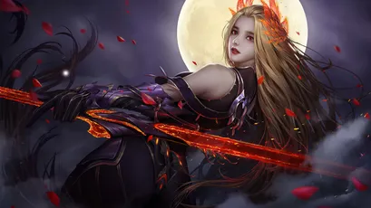月夜红刃女战士 幻想 暗黑风格 红色 4K