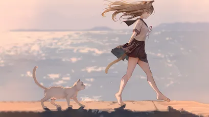 女孩与猫同行 动漫风格 温馨场景 日落 4K