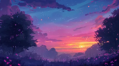 梦幻日落森林 自然景观 卡通风格 紫色调 2K