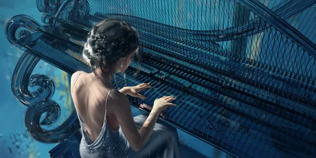 蓝色钢琴下的神秘女子 水下场景 古典音乐 梦幻风格 4K