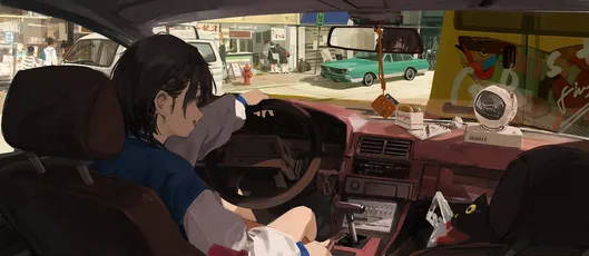 车内休息 动漫风格 车内场景 温暖色调 1080P