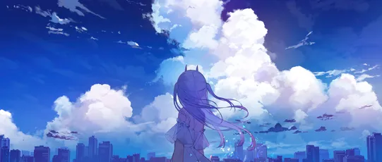 蓝天白云下的少女背影 动漫 城市景观 蓝色天空 8K