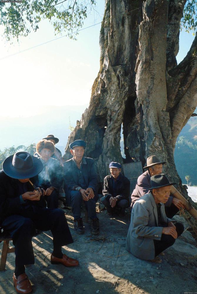 云南省元阳县俄扎乡哈播村过每年一度的长街宴,村中的老人在树下聊 