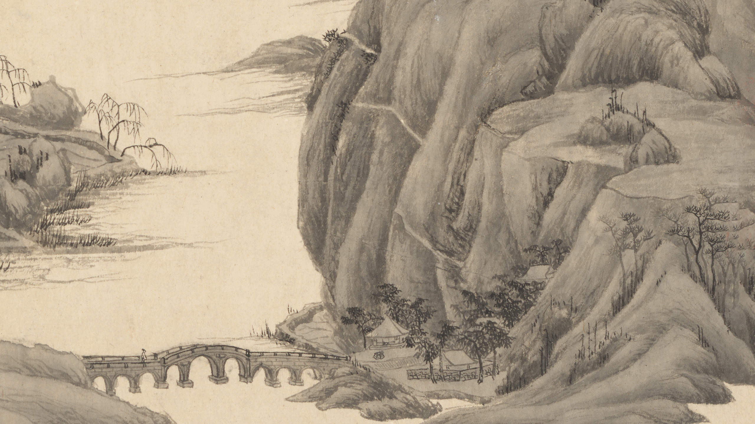 明人西山胜景合璧册 唐寅行春桥图页
