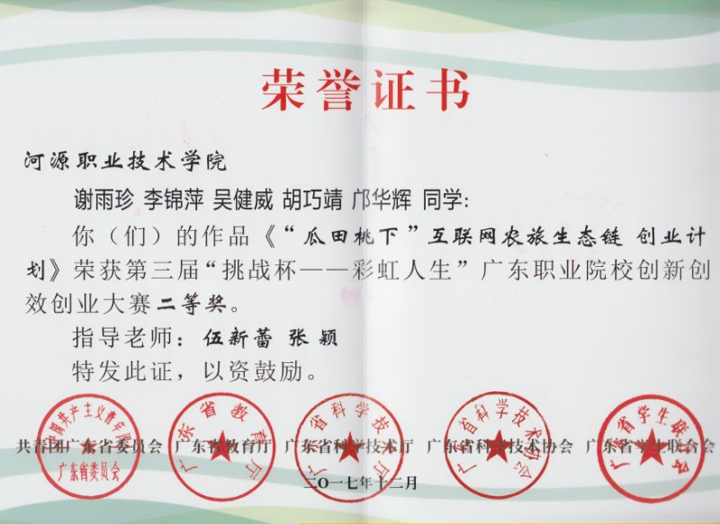 10.2017年第三届“挑战杯——彩虹人生”广东职业院校创新创效创业大赛创业类二等奖证书.jpg